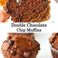 Hand holding up muffin to show inside, and front view of muffin. Text overlay "Double Chocolate Chip Muffins*.