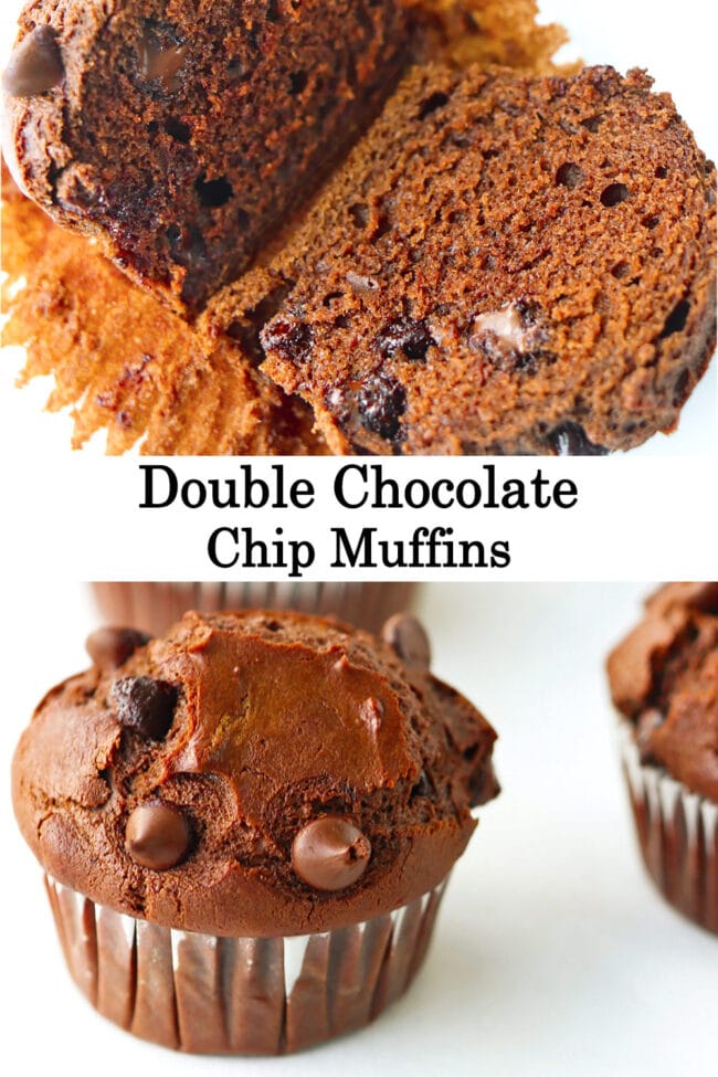 Muffin sliced in half to show inside with melty chocolate chips, and close up of muffin. Text overlay "Double Chocolate Chip Muffins*.
