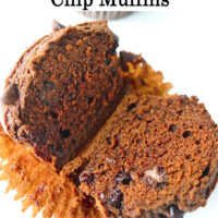 Muffin sliced in half on top of muffin liner to show inside. Text overlay "Double Chocolate Chip Muffins".