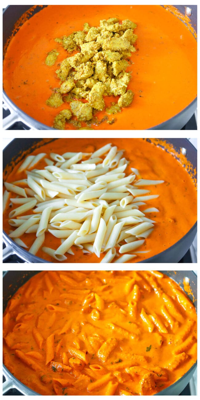 Photo Collage of steps to make Butter Chicken Pasta Bake: adding chicken to sauce in pan, then adding pasta, then tossing everything together.