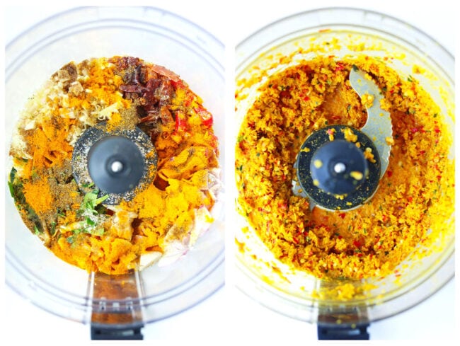 Photo collage of ingredients for Khao Soi Paste before and after pulsing in food processor bowl.