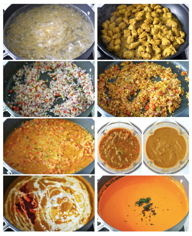 Photo Collage of steps to make Butter Chicken Pasta Bake.