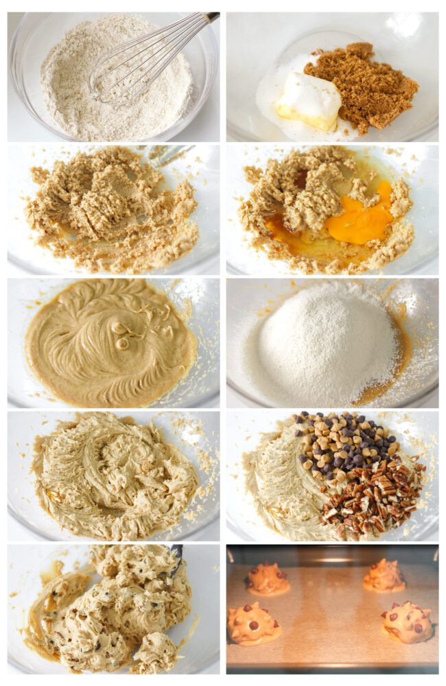Photo collage of steps to make Chocolate Butterscotch Chip Pecan Cookies.
