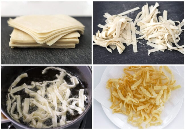 Photo collage of steps to make crispy fried wonton wrapper strips.