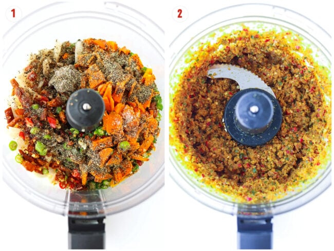 Ingredients for southern Thai curry paste in food processor bowl before and after pulsing.