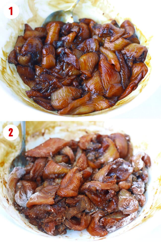 Photo collage of steps to marinate chicken in sweet dark soy sauce, then toss with flour.