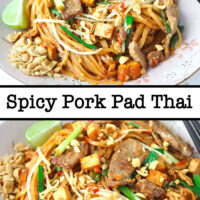 Front view of stir-fried thin rice noodles with seared pork slices and tofu on a plate with crushed peanuts and a lime wedge. Text overlay "Spicy Pork Pad Thai".