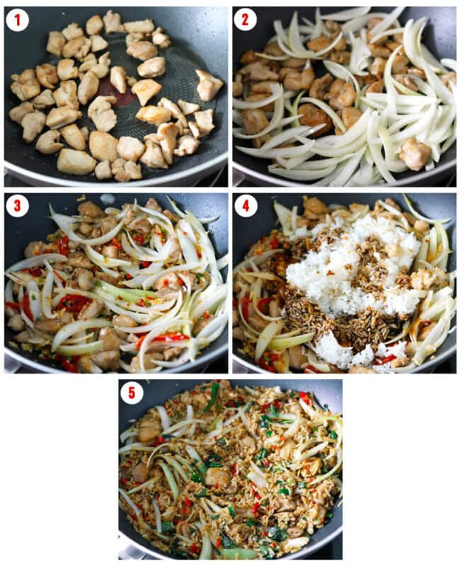 Collage of process steps to make Thai Basil Chicken Fried Rice.