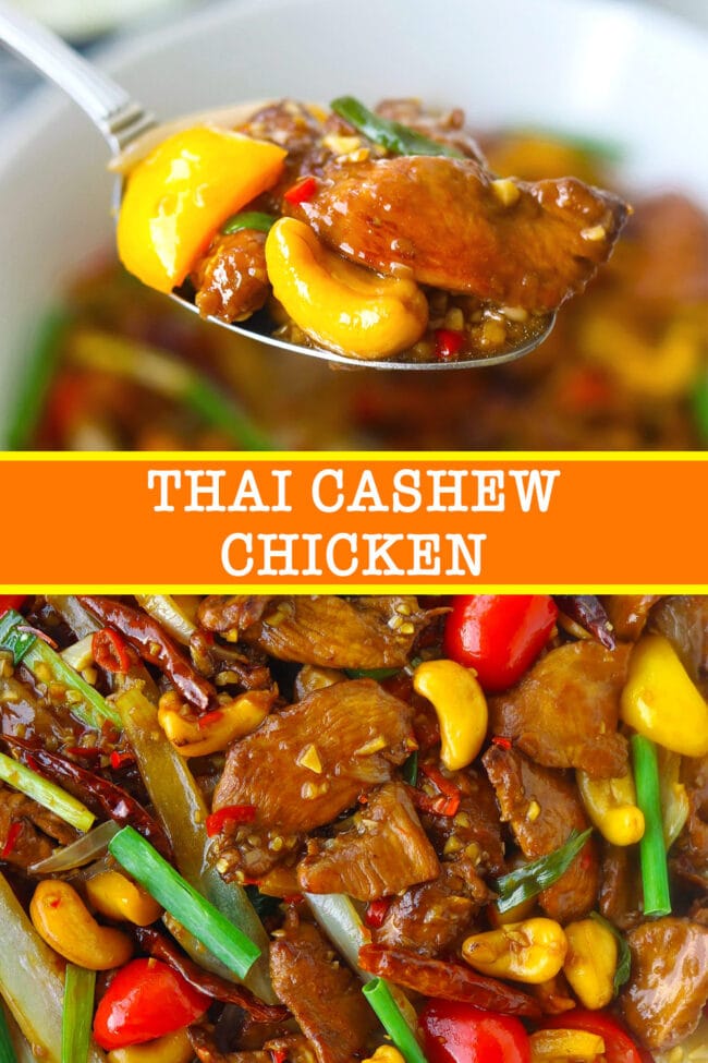 Spoon with chicken, bell pepper, and cashew nut, and close up of stir-fry. Text overlay "Thai Cashew Chicken".