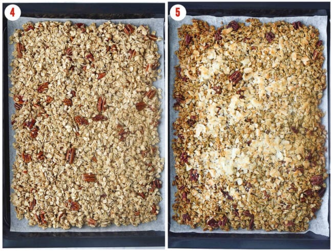 Collage of unbaked and baked granola on parchment paper lined baking tray.