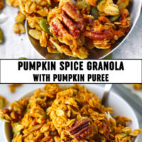 Granola on a large spoon and in bowl with spoon. Text overlay "Pumpkin Spice Granola with Pumpkin Puree".