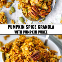 Top view of granola on a large spoon and in a bowl with a spoon. Text overlay "Pumpkin Spice Granola with Pumpkin Puree".