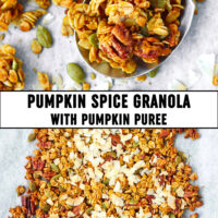Top view of granola on a large spoon and on parchment paper. Text overlay "Pumpkin Spice Granola with Pumpkin Puree".