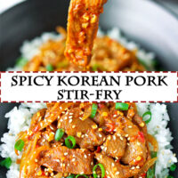 Chopsticks holding up a pork strip. Bowl with pork stir-fry and rice. Text overlay "Spicy Korean Pork Stir-fry".