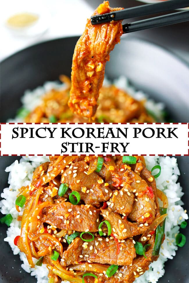 Chopsticks holding up a pork strip. Bowl with pork stir-fry and rice. Text overlay "Spicy Korean Pork Stir-fry".