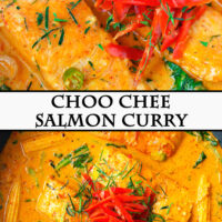 Front view of Thai salmon curry in a white round serving bowl and top view in a wok. Text overlay "Choo Chee Salmon Curry".