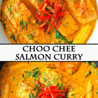 Top view of Thai salmon thick red curry in a white round serving bowl and wok. Text overlay "Choo Chee Salmon Curry".