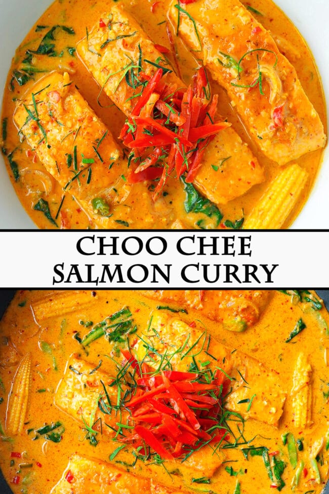 Top view of Thai salmon thick red curry in a white round serving bowl and wok. Text overlay "Choo Chee Salmon Curry".