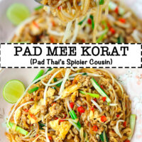 Fork holding up bite of noodles and plate with stir-fried noodles. Text overlay "Pad Mee Korat (Pad Thai's Spicier Cousin)".
