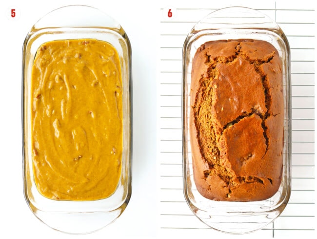 Collage of unbaked batter and baked loaf in a glass loaf dish.