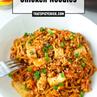 Spicy noodles stir-fry on a plate with a fork. Text overlay "Stir-fried Kimchi Chicken Noodles" and "thatspicychick.com".