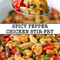 Spoon holding up a bite of chicken, bell pepper, and onion, and close-up of Chinese chicken pieces. Text overlay " Spicy Pepper Chicken Stir-fry".