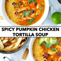 Top view of bowls with soup, tortilla strips, wedge on a cheese on grater. Text overlay "Spicy Pumpkin Chicken Tortilla Soup".