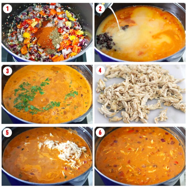 Process steps for making Spicy Pumpkin Chicken Tortilla Soup.