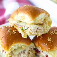 Close-up front view of three stacked sliders on a plate. Text overlay, "Turkey & Chicken Cranberry Sliders" and "thatspicychick.com".