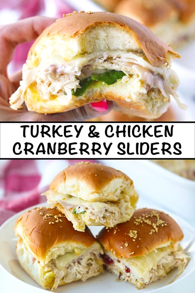 Hand holding up a slider with a bite taken out, and three sliders stacked on a plate. Text overlay, "Turkey & Chicken Cranberry Sliders".