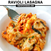 Fork holding up a ravioli piece above a plate with a serving of ravioli lasagna. Text overlay "Buffalo Chicken Ravioli Lasagna" and "thatspicychick.com".