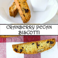 Two biscotti on plate with cup of coffee, and on a red and white checkered napkin. Text overlay "Cranberry Pecan Biscotti".