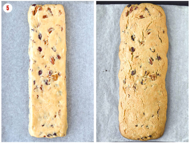 Unbaked and baked biscotti dough log on a parchment paper lined baking tray.