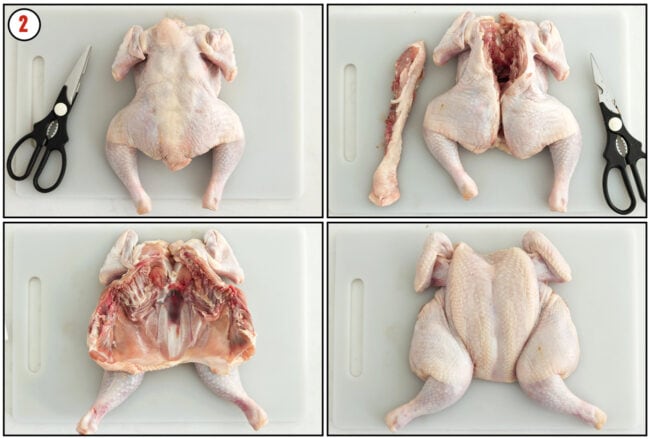 Process steps to spatchcock a whole chicken.