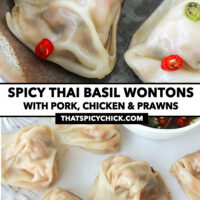 Close-up of wontons in a bowl topped with chopped chilies and fish sauce, and front view of wontons on a plate. Text overlay "Spicy Thai Basil Wontons with Pork, Chicken & Prawns" and "thatspicychick.com".