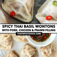 Close-up of wontons in a bowl topped with chopped chilies and fish sauce, and top view of wontons on a plate. Text overlay "Spicy Thai Basil Wontons with Pork, Chicken & Prawn Filling" and "thatspicychick.com".