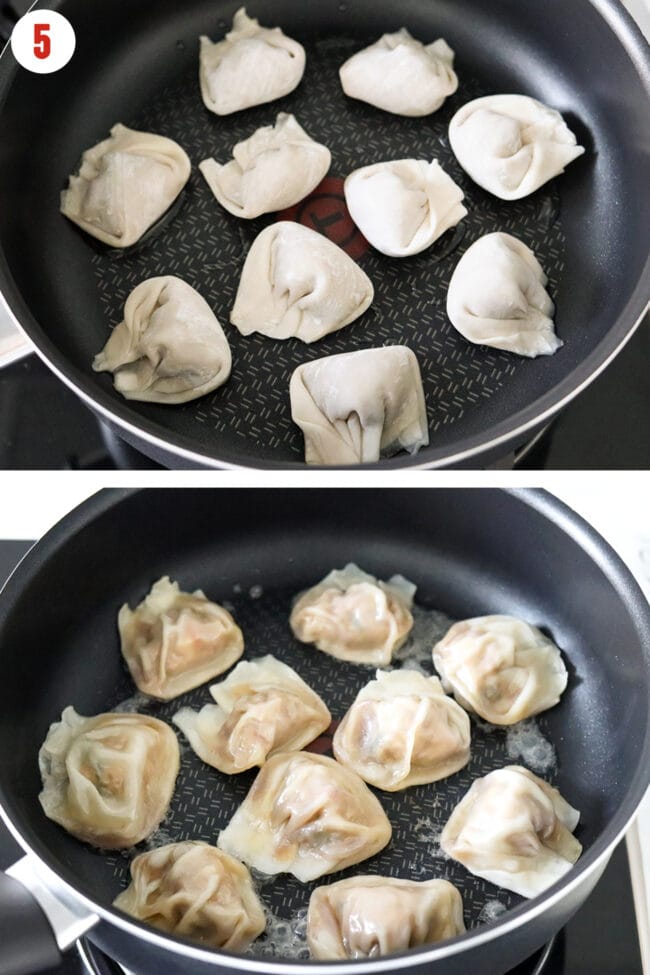 Uncooked and almost fully cooked wontons in a skillet.