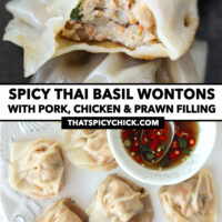 Close-up of bitten into wonton in a bowl, and top view of pan-fried wontons and prik nam pla in a bowl on a plate. Text overlay "Spicy Thai Basil Wontons with Pork, Chicken & Prawn Filling" and "thatspicychick.com".