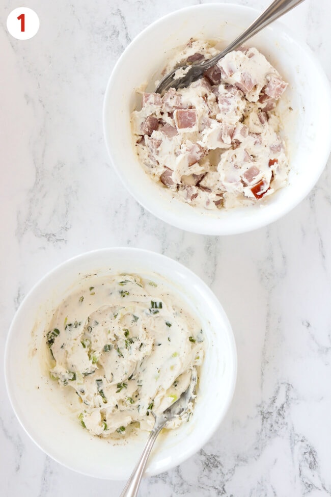 Bowls with spoons with a ham and cream cheese filling, and a scallion cream cheese filling.