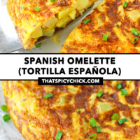 Omelette wedge on a cake cutter, and whole omelette on a plate. Text overlay "Spanish Omelette (Tortilla Española)" and "thatspicychick.com".