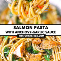 Pasta twirled around a fork, and close-up of salmon pasta. Text overlay "Salmon Pasta with Anchovy-Garlic Sauce" and "thatspicychick.com".