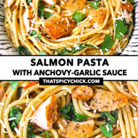 Front view and and close-up top view of salmon pasta. Text overlay "Salmon Pasta with Anchovy-Garlic Sauce" and "thatspicychick.com".