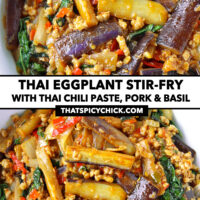 Front and top view of bowl with an eggplant stir-fry dish. Text overlay "Thai Eggplant Stir-fry with Thai Chili Paste, Pork & Basil" and "thatspicychick.com".