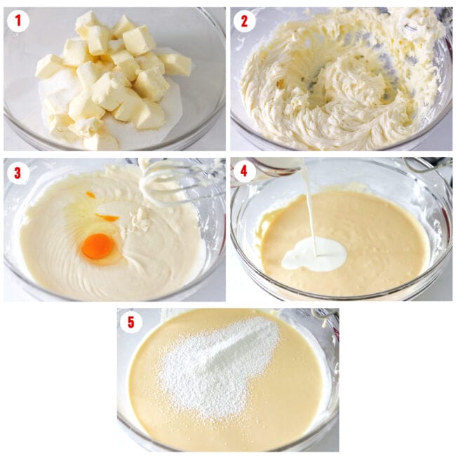 Process steps to make batter for Lemon Basque Burnt Cheesecake.