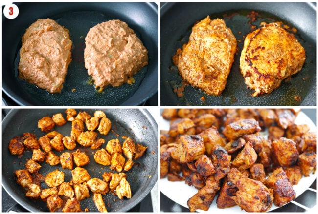 Process steps to cook chicken shish in a skillet.