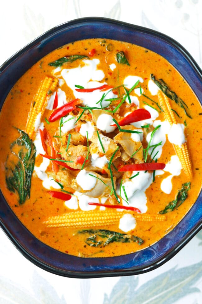 Bowl with panang chicken curry garnished with coconut cream, chilies, and kaffir lime leave strips.