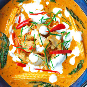 Close-up of bowl with panang chicken curry garnished with coconut cream, chilies, and kaffir lime leave strips.