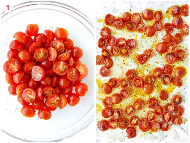 Bowl with cherry tomatoes tossed in oil with seasonings. Roasted cherry tomatoes on foil lined pan.