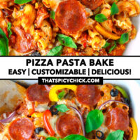 Baked pizza pasta with pepperoni on plate and in baking dish with wooden spoon. Text overlay "Pizza Pasta Bake", "Easy | Customizable | Delicious!" and "thatspicychick.com"