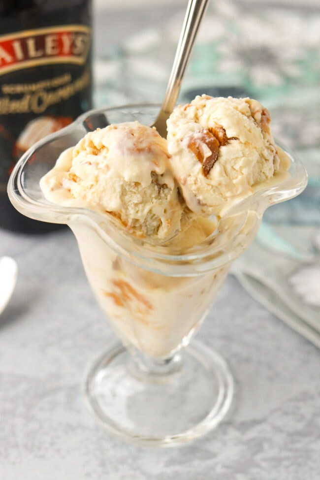 Baileys Salted Caramel Peanut Butter ice cream and a spoon in a dessert glass.